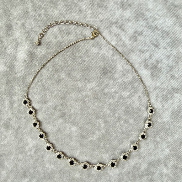 Jewelry - Vtg Black Clear Rhinestone Floral Silver Chocker Necklace Whimsygoth 90s Y2K